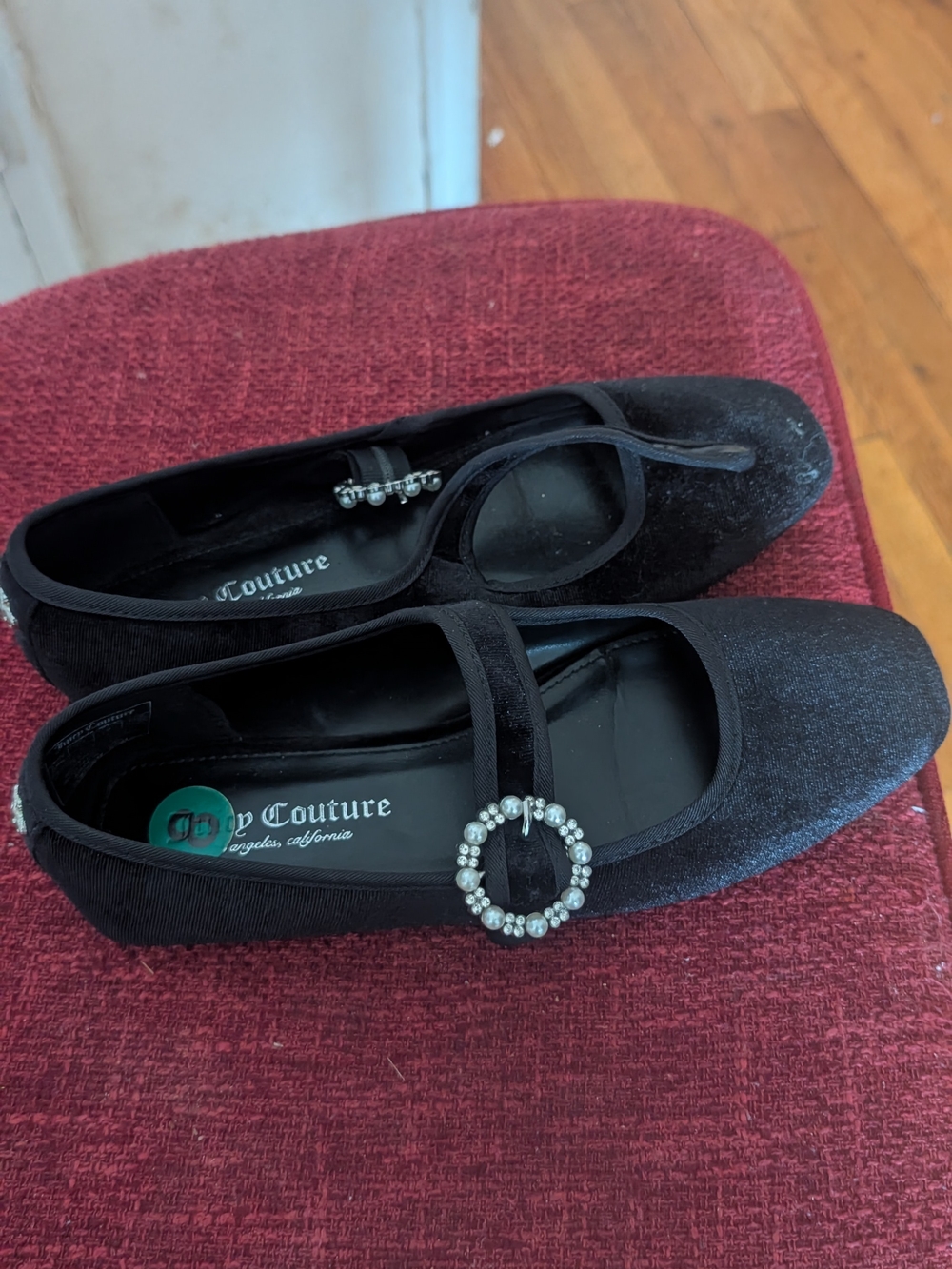 Juicy Couture Black Velvet Mary Jane Flats with Crystal Circle Buckle